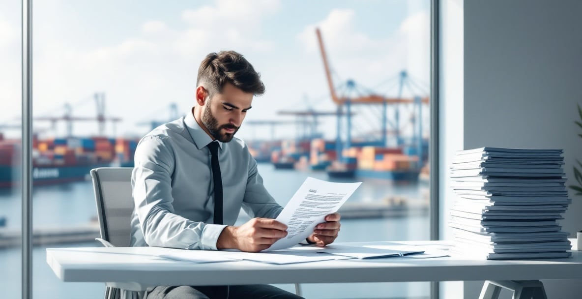 meaning bill of lading 5 Person reviewing a Bill of Lading at a desk with a port view.