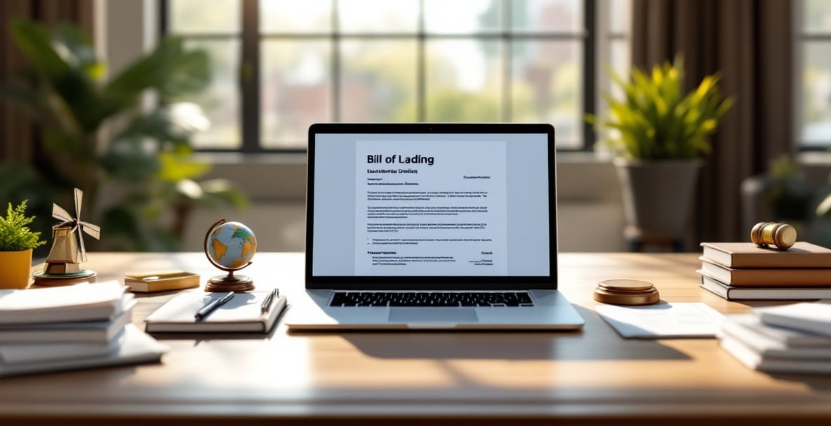 meaning bill of lading 6 Professional office with laptop showing bill of lading, legal books, globe, and Dutch windmill sculpture.