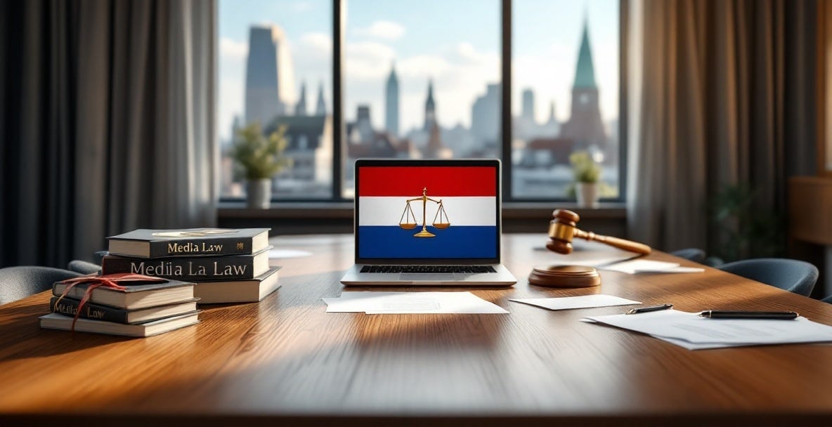 Modern Dutch courtroom with a focus on media law, featuring legal books, a laptop, and The Hague skyline.