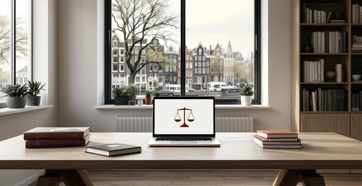 Modern office symbolizing media law in the Netherlands with legal books, a laptop, and a Dutch cityscape view.