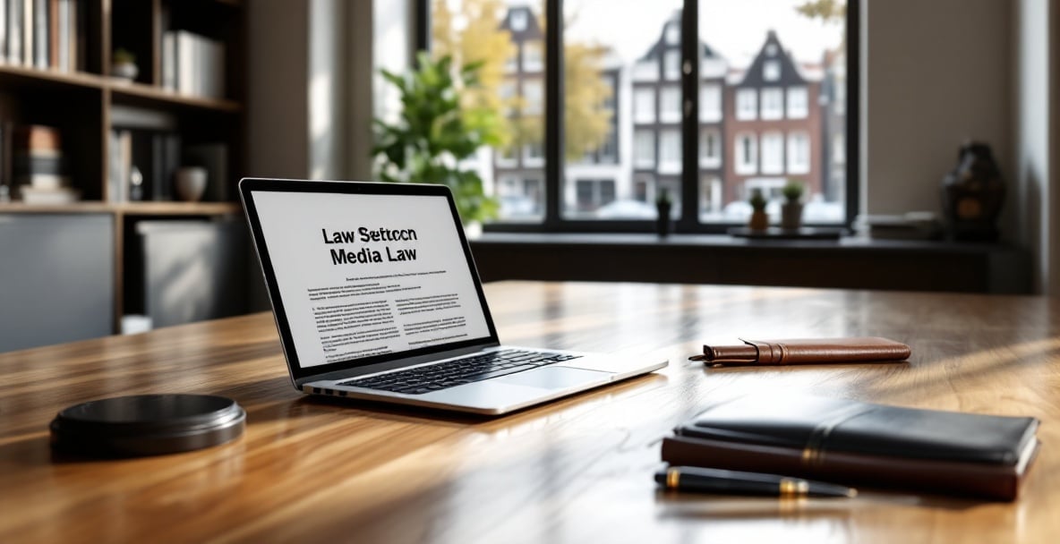 Modern Dutch office with a conference table, laptop, and Amsterdam view through a window.