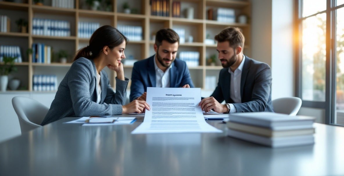 Modern Dutch law office with a team reviewing a tenancy agreement.