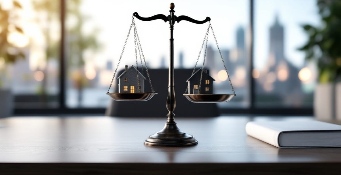 Balanced scale with a house and legal book, symbolizing tenant rights and responsibilities.