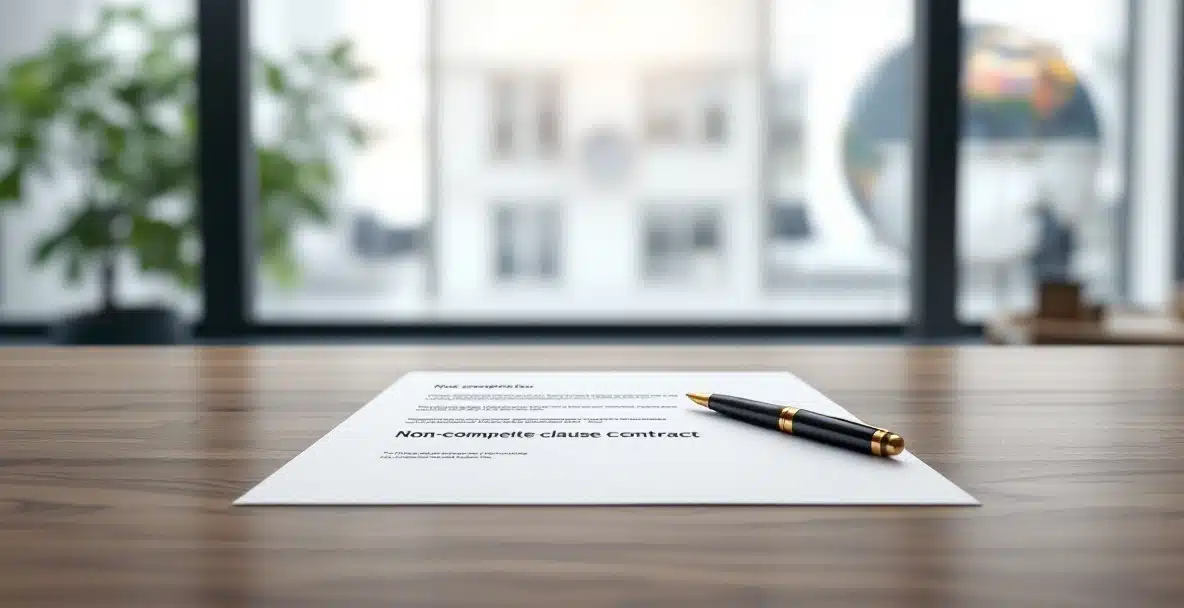 non compete clause contract 3 Professional office desk with a non-compete contract and fountain pen, highlighting business readiness.