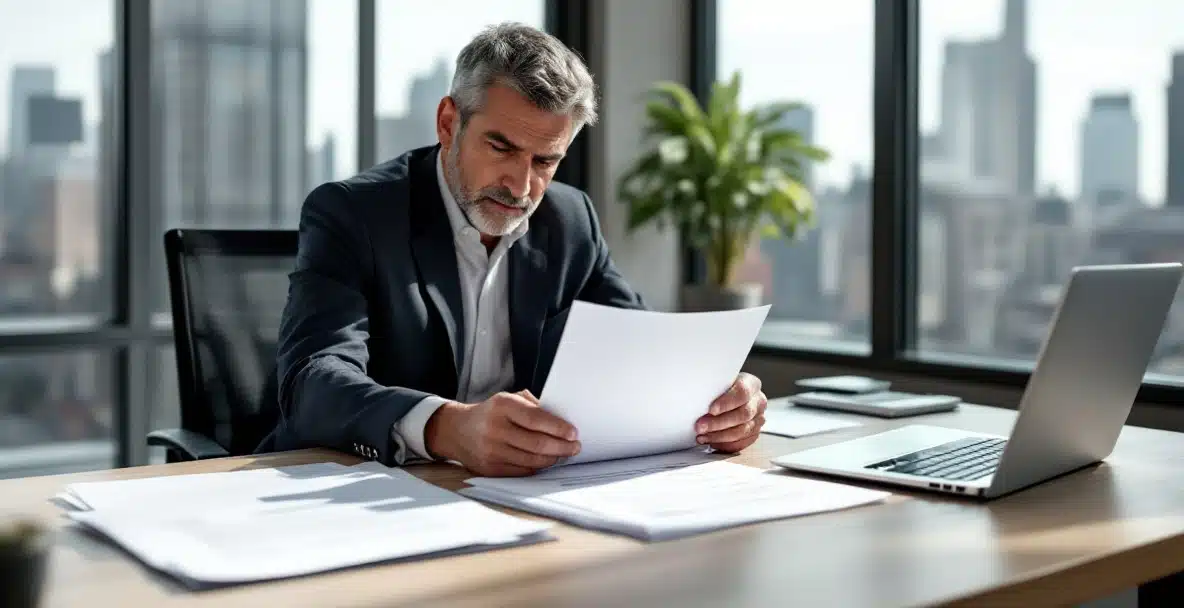 non compete clause contract 4 Business professional reviews legal documents on non-compete clauses at a modern desk with a cityscape view.