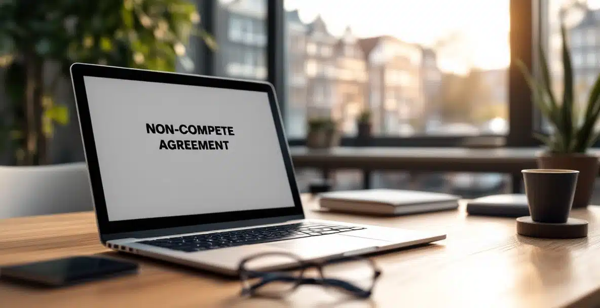 non compete clause contract 5 Modern legal office with a non-compete agreement on a laptop in front of Amsterdam canal view.