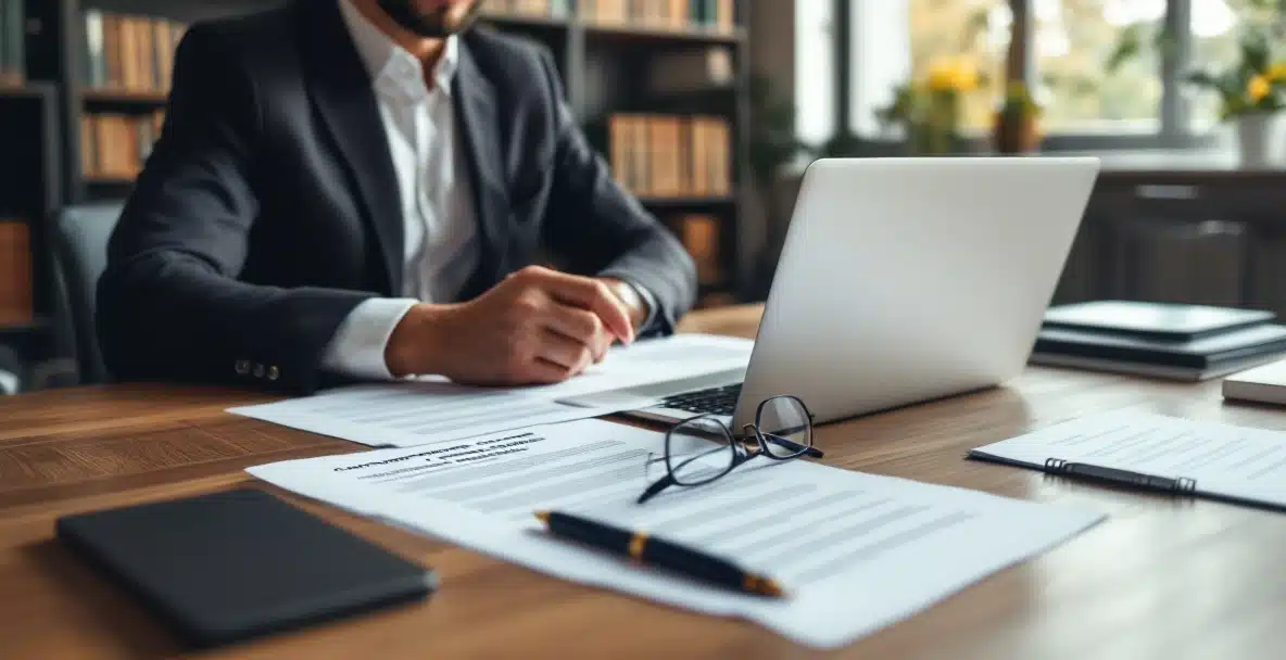 non compete clause contract 6 Lawyer at desk drafting a non-compete clause with books and documents.