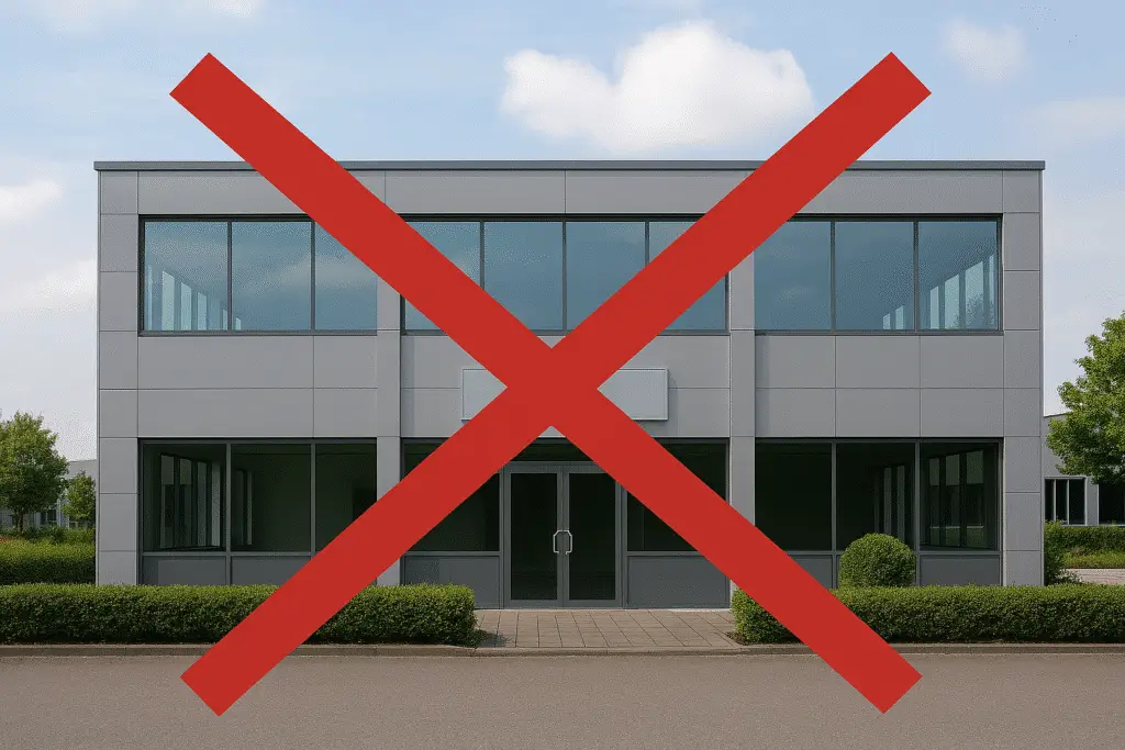 Modern building with a red cross.