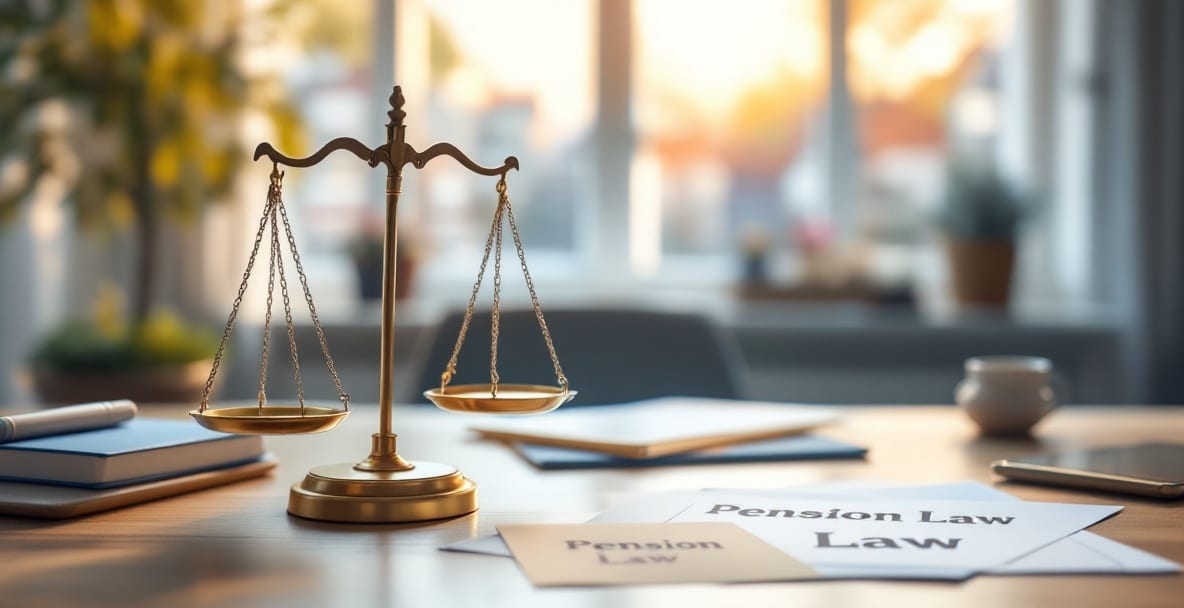 Pension Law in the Netherlands: What To Watch in 2025 3 Balanced scales on a table with Dutch pension law documents, against a backdrop of canal house outlines and a Dutch flag.