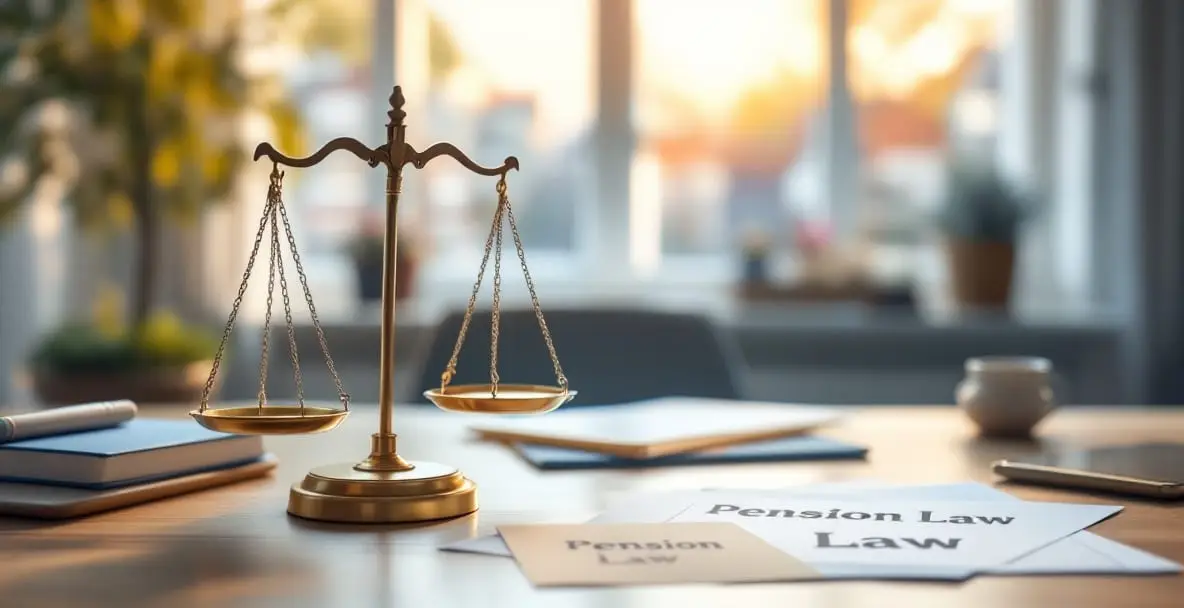 Balanced scales on a table with Dutch pension law documents, against a backdrop of canal house outlines and a Dutch flag.