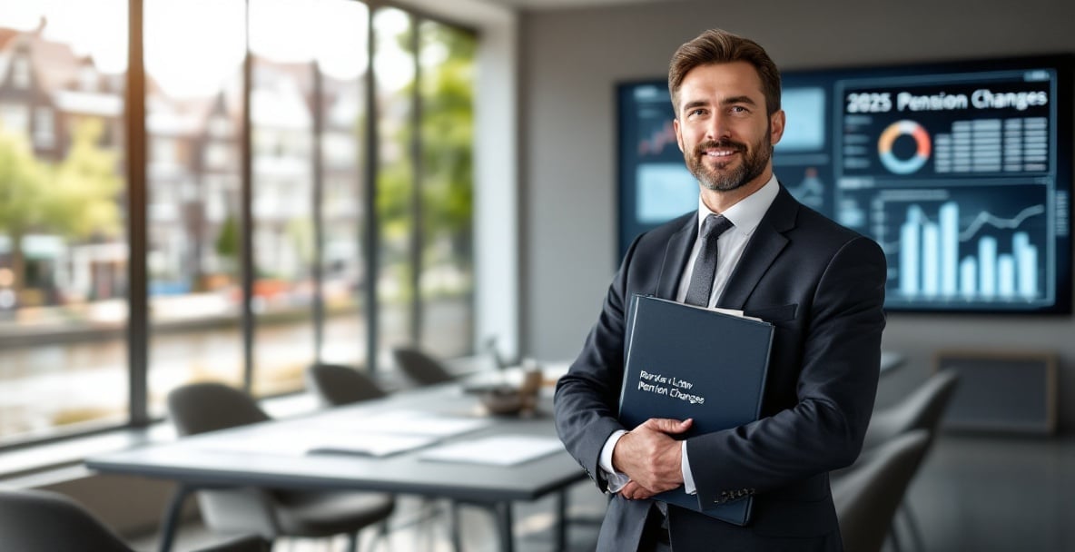 Pension Law in the Netherlands: What To Watch in 2025 4 Dutch lawyer with folder '2025 Pension Changes' in modern office, Amsterdam cityscape visible.