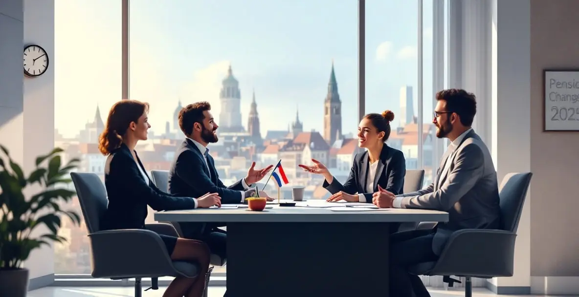 Dutch legal advisor discusses 2025 pension changes with diverse clients in a modern office with city view.