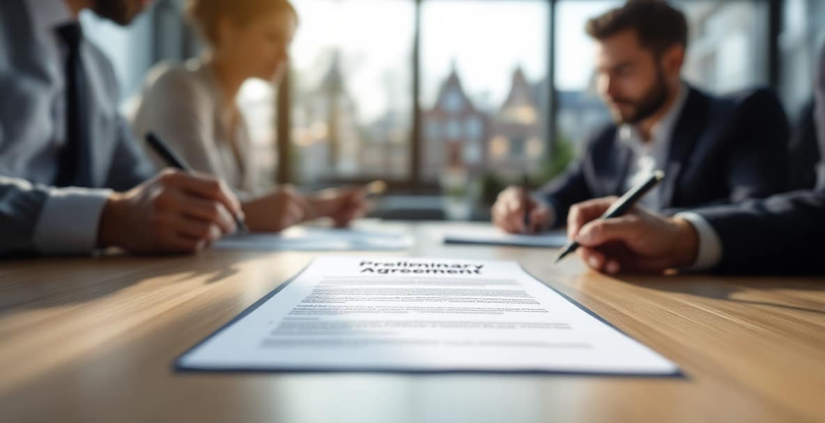 Preliminary purchase agreement: what does it really contain and what are the risks? 3 Professionals review a document titled 'Preliminary Agreement' in a modern office with Amsterdam's architecture in the background.