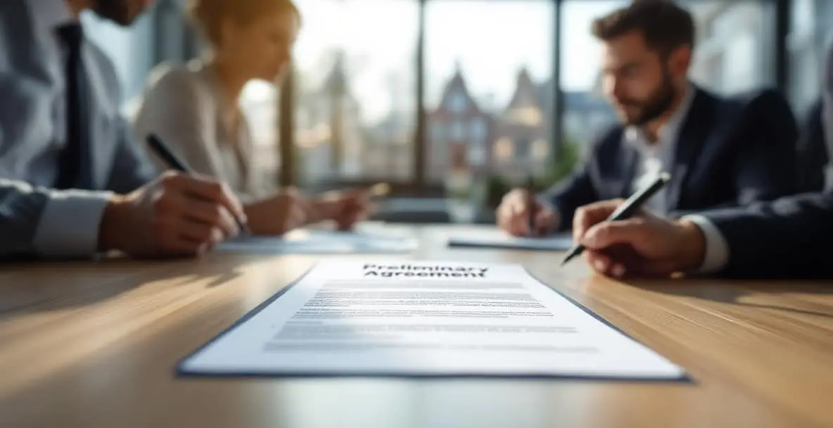 Preliminary purchase agreement: what does it really contain and what are the risks? 1 Professionals review a document titled 'Preliminary Agreement' in a modern office with Amsterdam's architecture in the background.