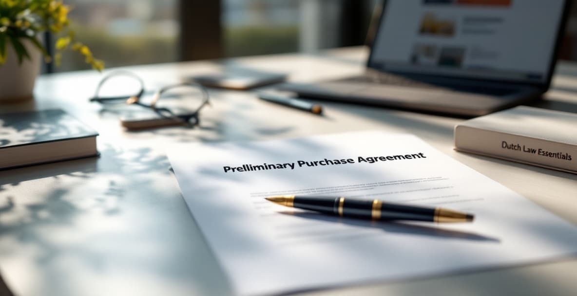 Preliminary purchase agreement: what does it really contain and what are the risks? 4 Legal workspace with a Preliminary Purchase Agreement, pen, and legal books.