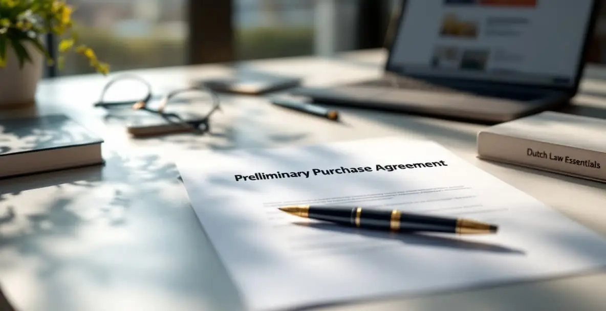 Preliminary purchase agreement: what does it really contain and what are the risks? 2 Legal workspace with a Preliminary Purchase Agreement, pen, and legal books.