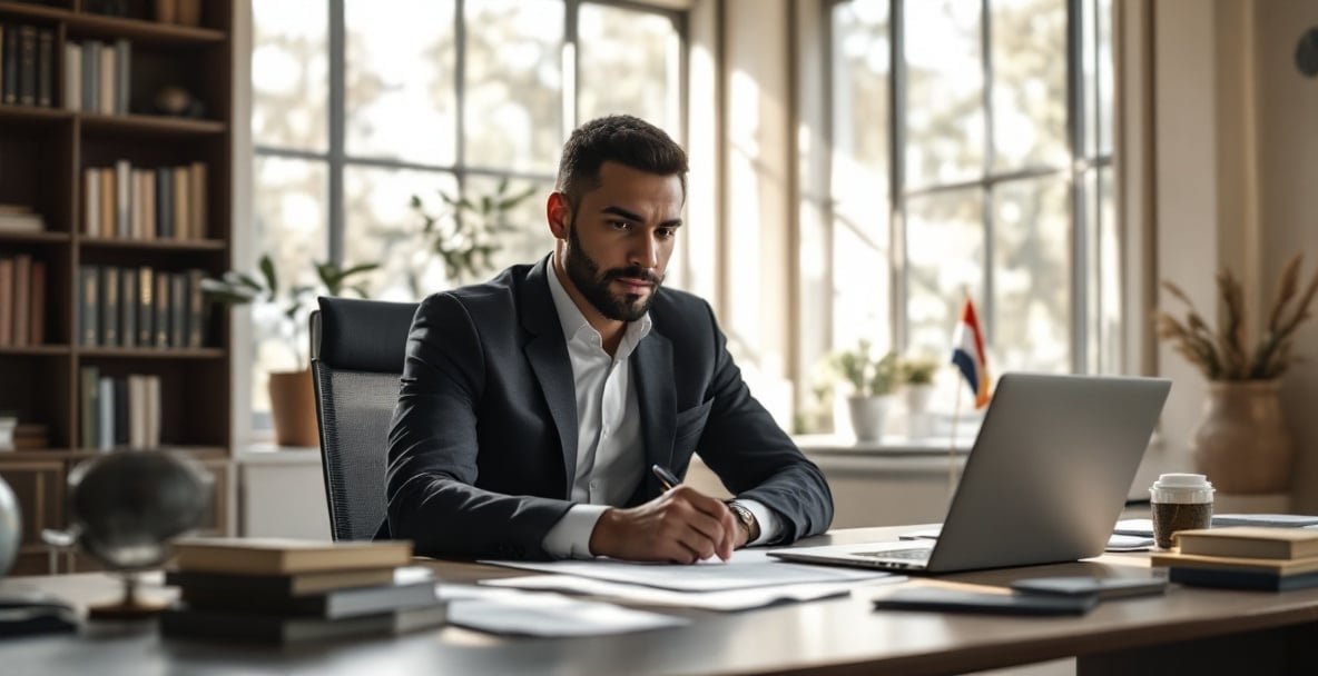 Preliminary purchase agreement: what does it really contain and what are the risks? 6 Legal expert assessing risks of a purchase agreement in a minimalist office with Dutch and international context.