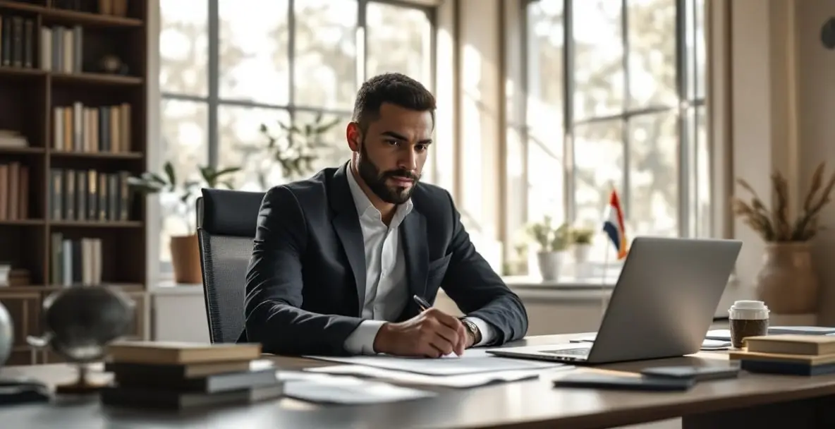 Preliminary purchase agreement: what does it really contain and what are the risks? 4 Legal expert assessing risks of a purchase agreement in a minimalist office with Dutch and international context.
