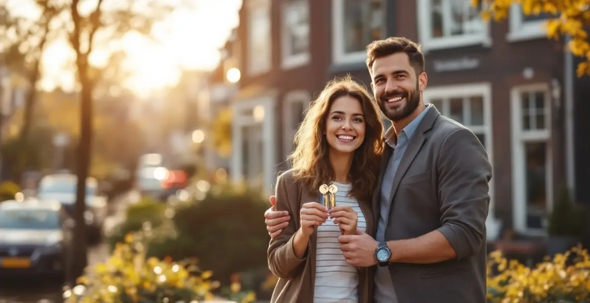 Expat couple with house keys in front of Dutch canal house, symbolizing new home purchase in Amsterdam.