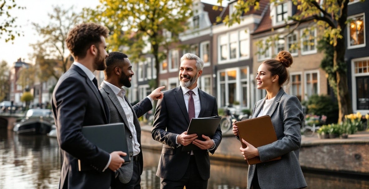 Purchasing a home in the Netherlands as an expat: key legal aspects 4 Expats in business attire review legal documents near Dutch canal houses.