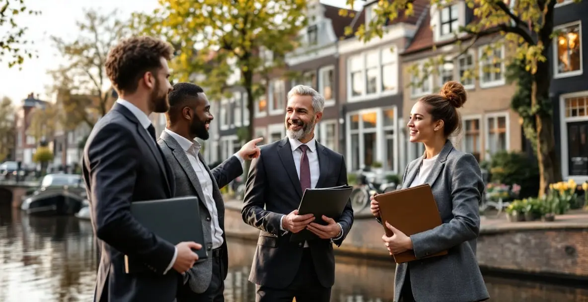 Expats in business attire review legal documents near Dutch canal houses.