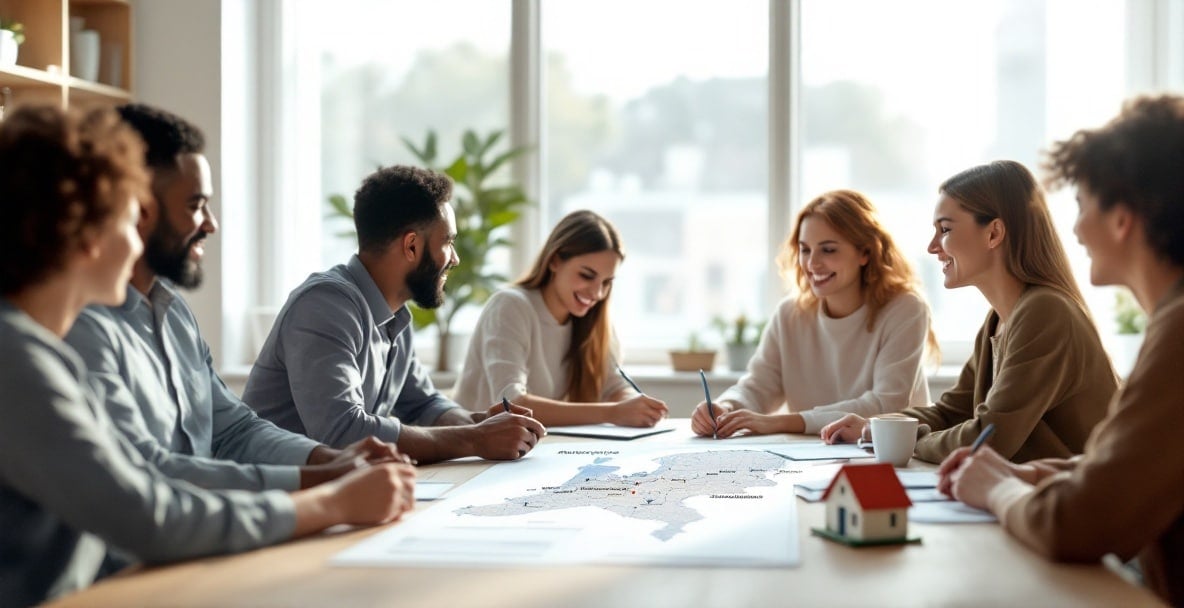 Purchasing a home in the Netherlands as an expat: key legal aspects 6 Diverse group discussing Dutch home purchase around a table with map, documents, and house model.