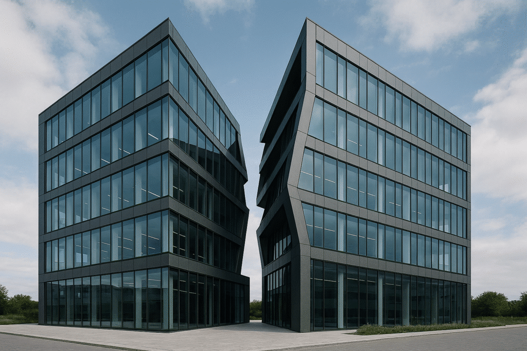 Two modern buildings with angular design.