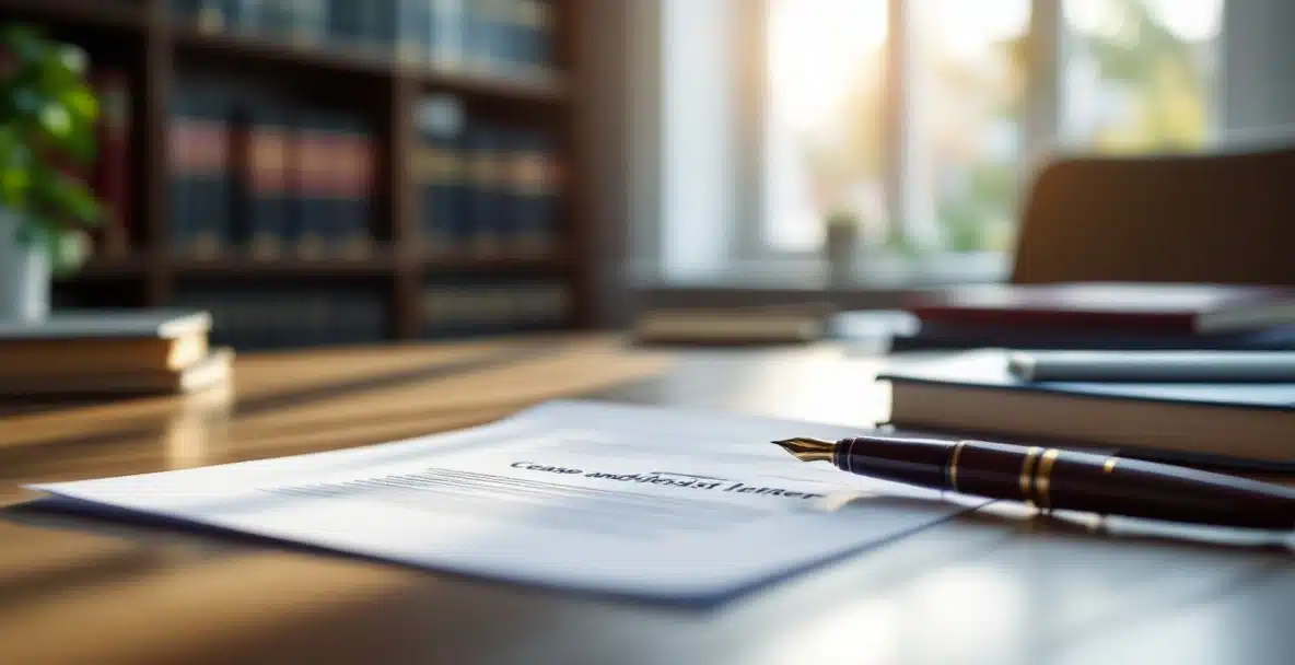 Organized desk in a Dutch law office with a cease and desist letter and fountain pen.