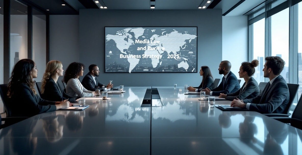Diverse professionals discuss around a table in a conference room with 'Media Law and Business Strategy 2025' on screen.