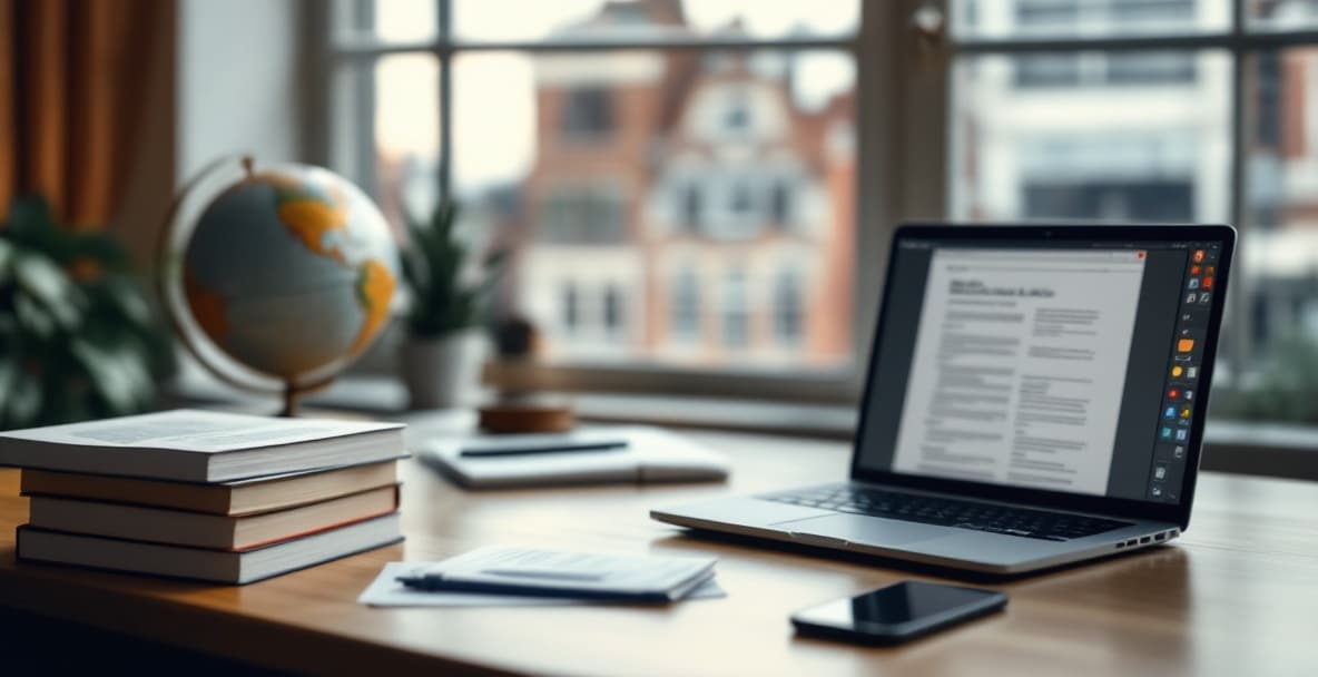 Office scene with law books, laptop, globe, and Amsterdam cityscape visible through window.
