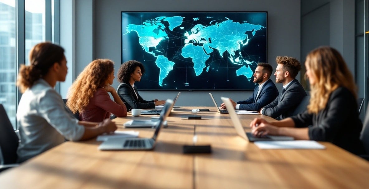 Conference room with diverse professionals discussing global business strategies under natural light.