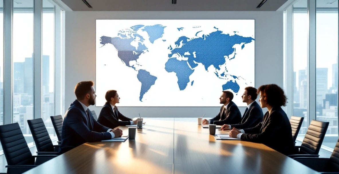 Conference room with world map screen highlighting Netherlands, executives discuss Dutch law's global impact.