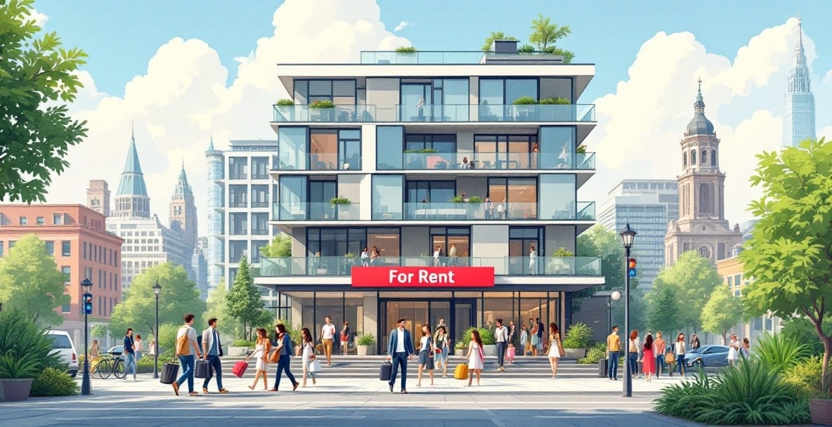 近代的なアパート、「賃貸」の看板、多様な人々、そして晴れた日の緑が広がる街並み。