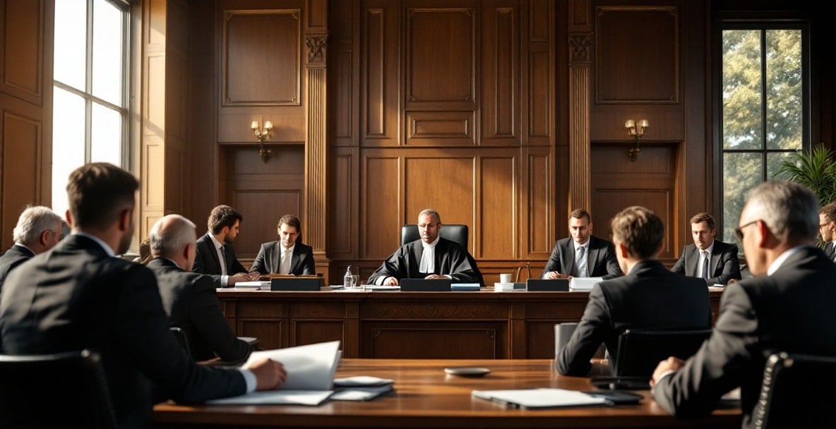プロフェッショナルな雰囲気の中で裁判官と弁護士が待機する、現代的なオランダの法廷。