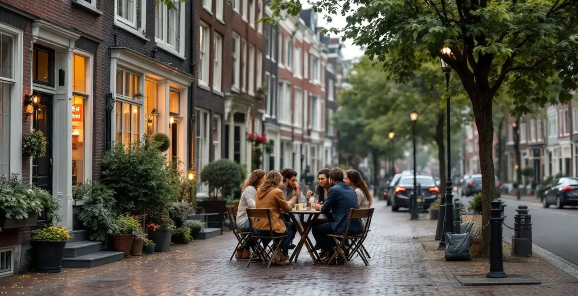 Amsterdam sealladh sràide le daoine a’ deasbad aig cafaidh, a’ sealltainn buaidh màil geàrr-ùine.