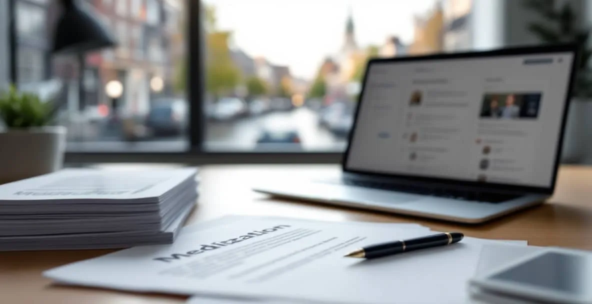 Top 5 Mediation Techniques for Dutch Law Professionals 3 Dutch law office with mediation software on laptop, legal documents, and cityscape view.