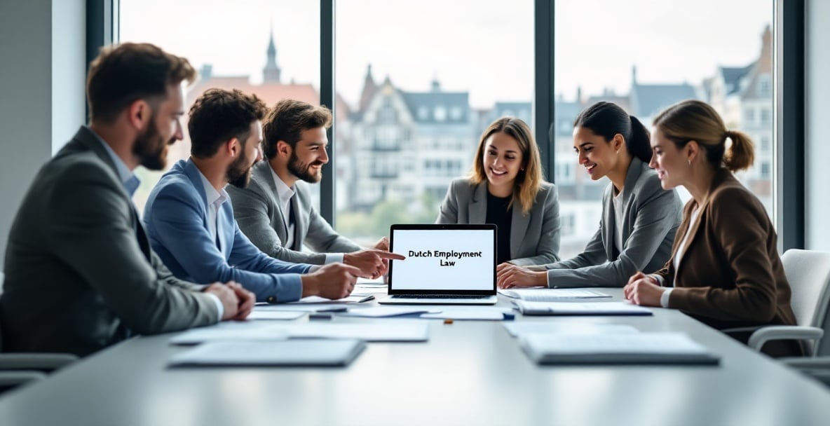 Diverse professionals discuss Dutch Employment Law in a modern office with skyline view.