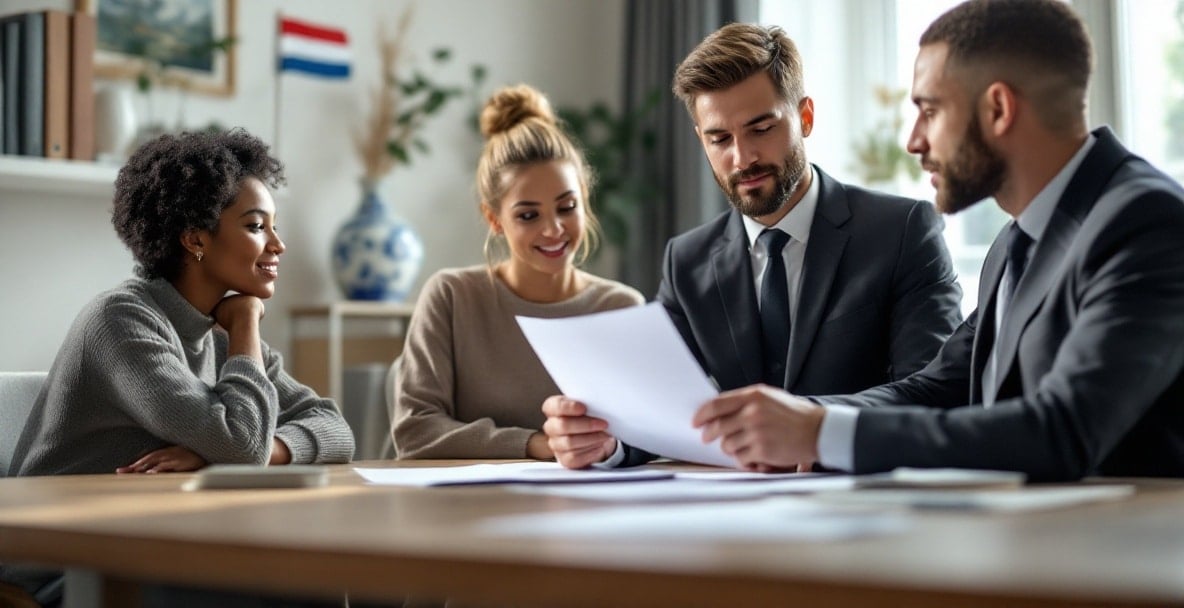 Dutch legal office with lawyer explaining employment contracts to diverse clients.