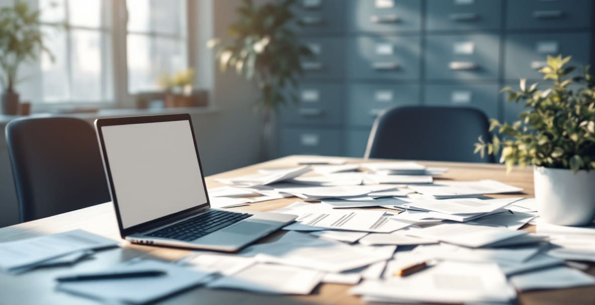 Cluttered desk with papers and an open filing cabinet in a modern legal office.