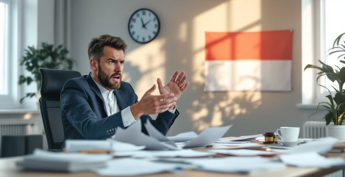 Professional stressed over termination paperwork in an office with Dutch flag and clock showing 5 PM.