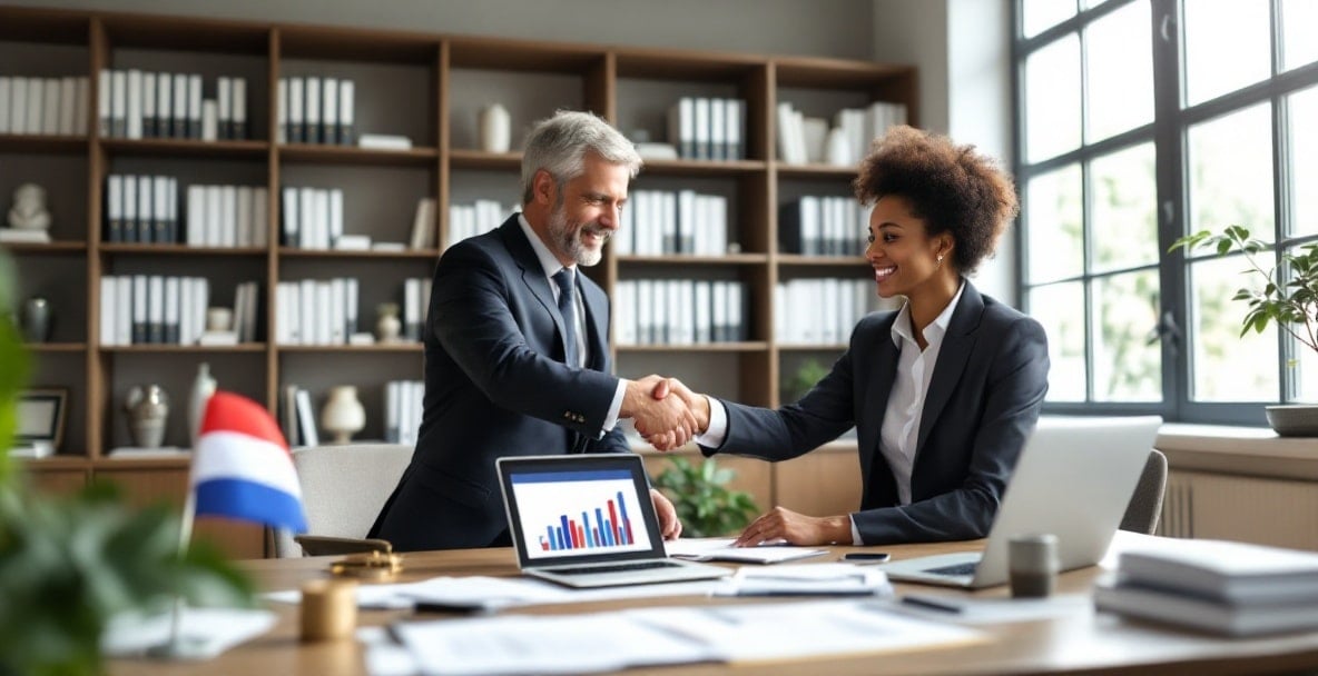 Top Strategies for Effective Debt Collection in the Netherlands 4 Dutch law firm office with lawyer shaking hands with a client.