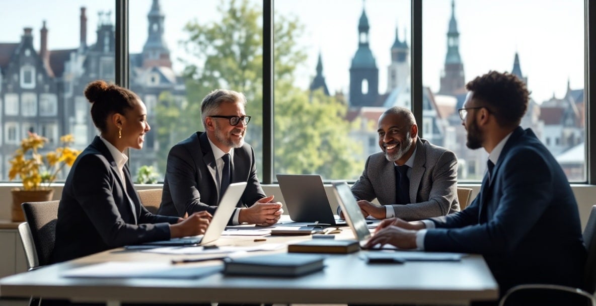 Top Strategies for Effective Debt Collection in the Netherlands 5 Professionals discuss debt collection around a table with laptops and documents in a Dutch office.