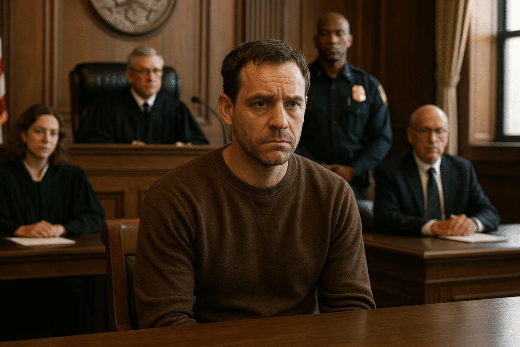 Mees istub kohtusaalis, kohtunikud on kohal.