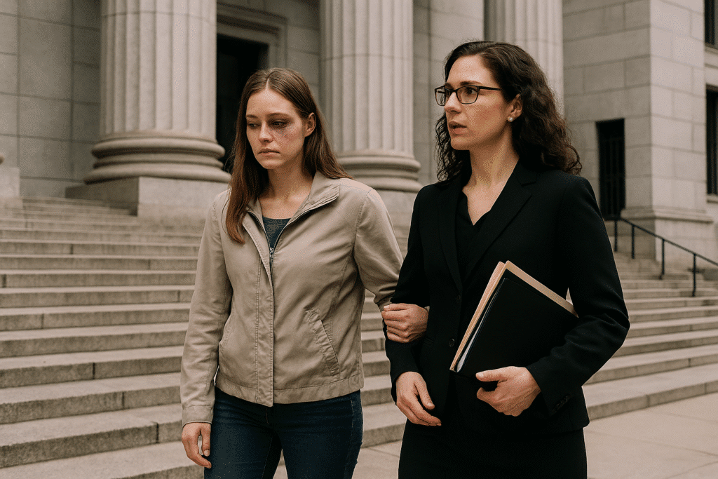 Dve ženski hodita pred sodiščem.