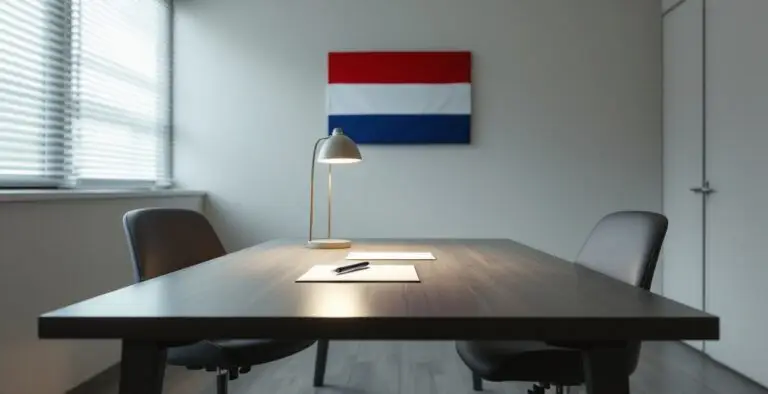 Prazna soba za intervjue s golim stolom, lampom i holandskom zastavom