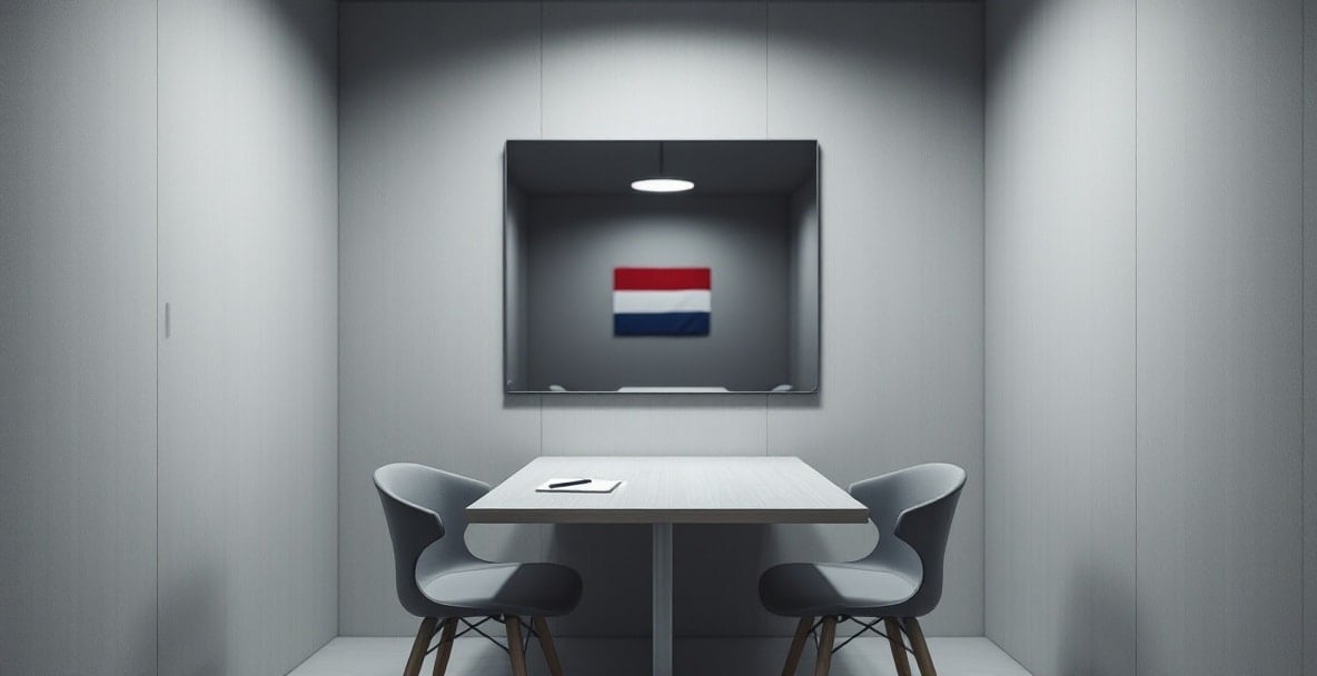 Modern Dutch police interrogation room with table, chairs, and one-way mirror.