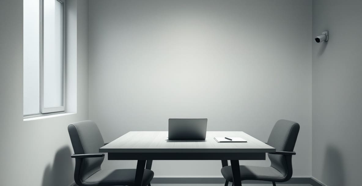 Minimalistic Dutch police interrogation room with table, chairs, and a frosted window.