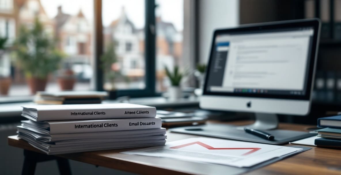 Modern legal office desk with documents and email about Dutch legal proceedings, window showing Dutch architecture.