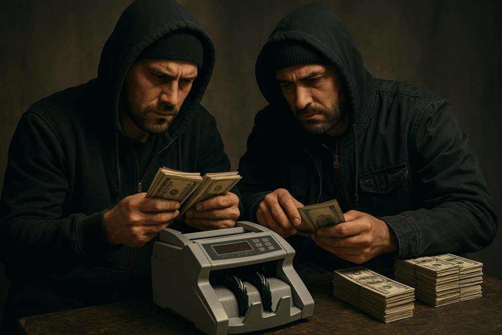 Counting cash with a money counter.