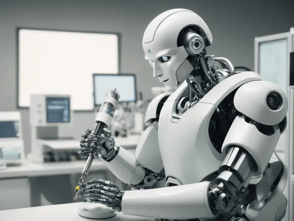 Robot preparing a syringe for injection.